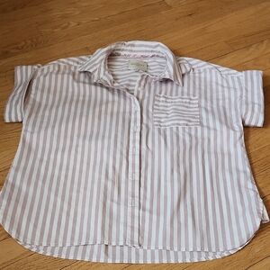 Casa Cabana Striped Women Shirt Brown and White Button Down Short Sleeved Size M